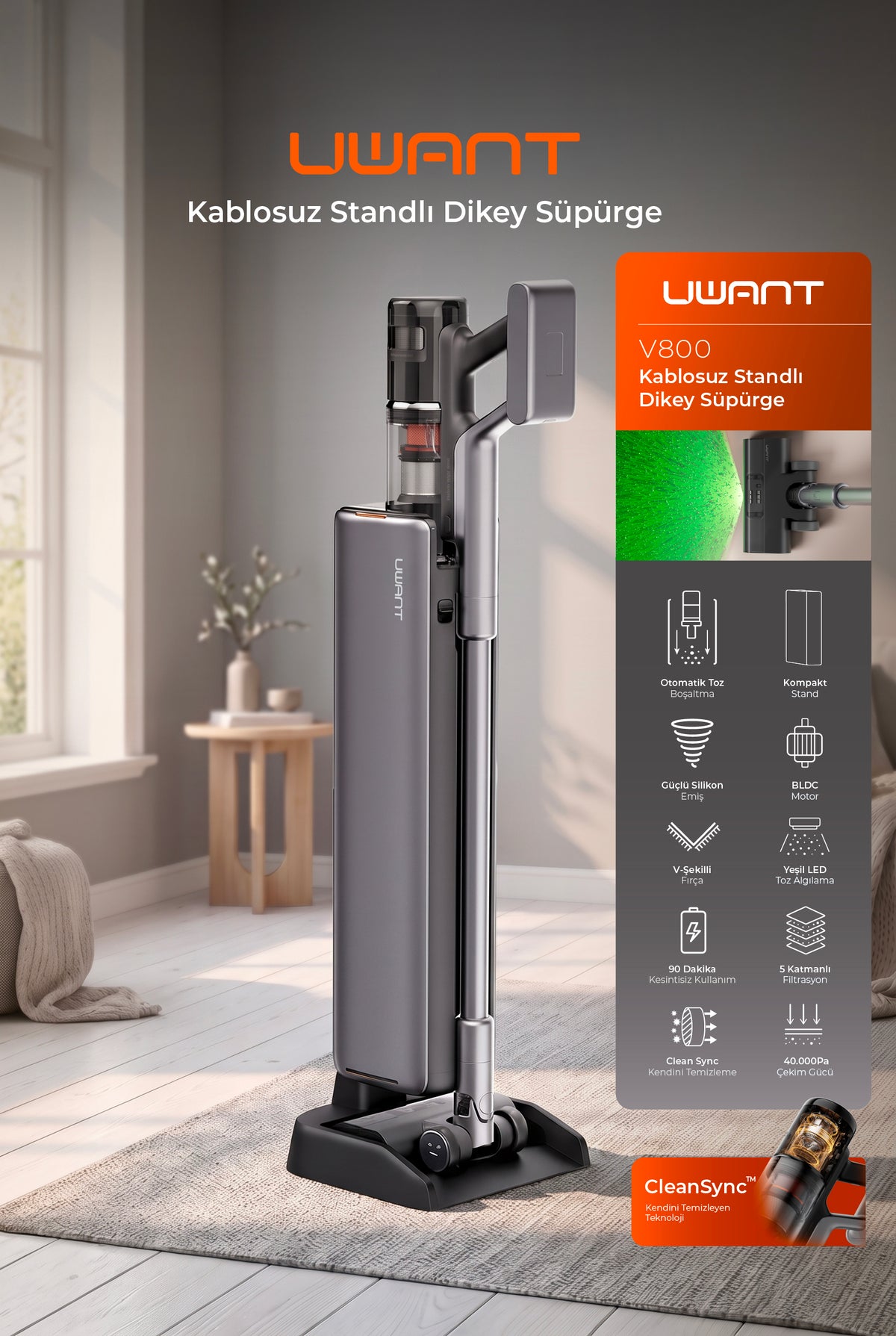 UWANT V800 Kendini Temizleme Sistemli Şarjlı Dik Süpürge